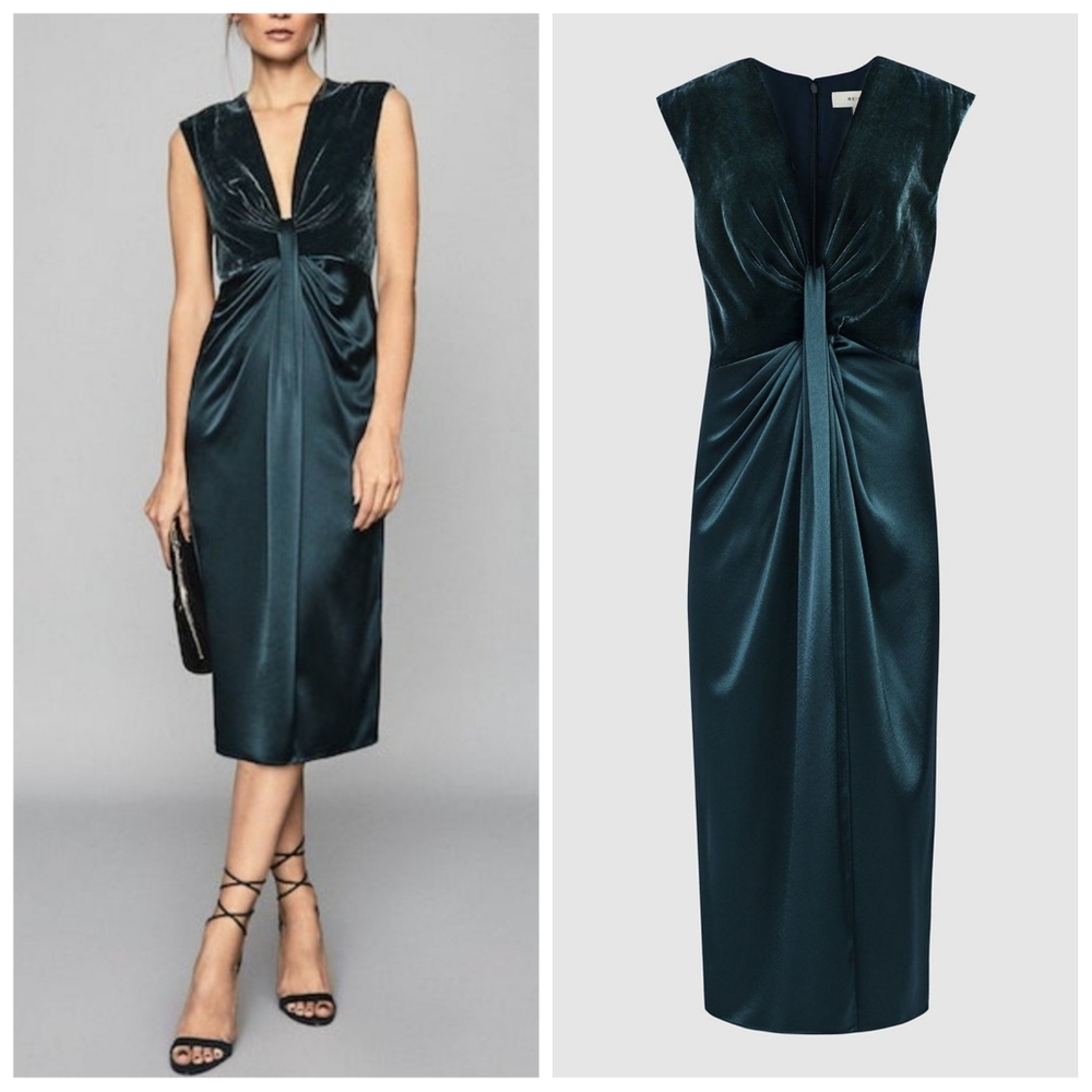 Reiss Livvy Plunge Neckline Midi Dress with Velvet Bodice & Satin Skirt | Size 6